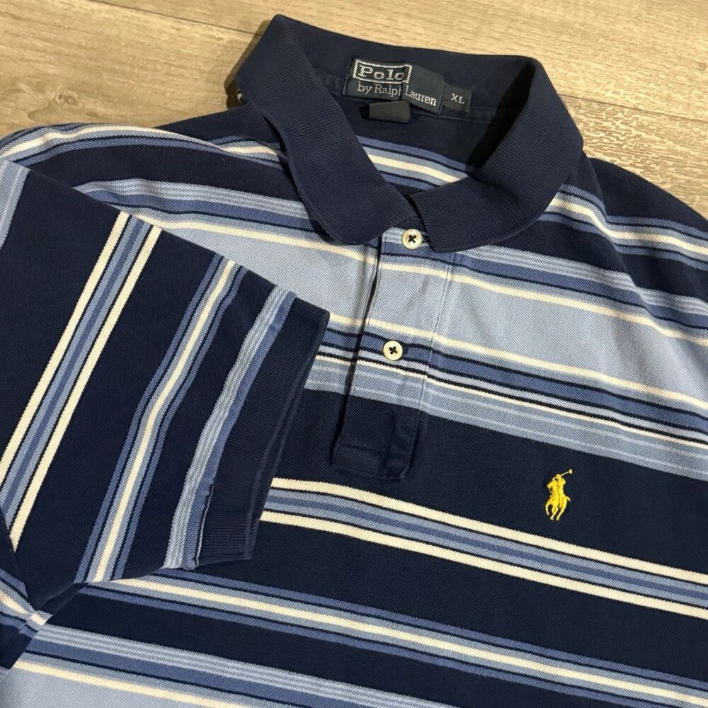VTG Polo Ralph Lauren Shirt Mens XL Striped Blue Yellow Pony Pique Damaged As Is